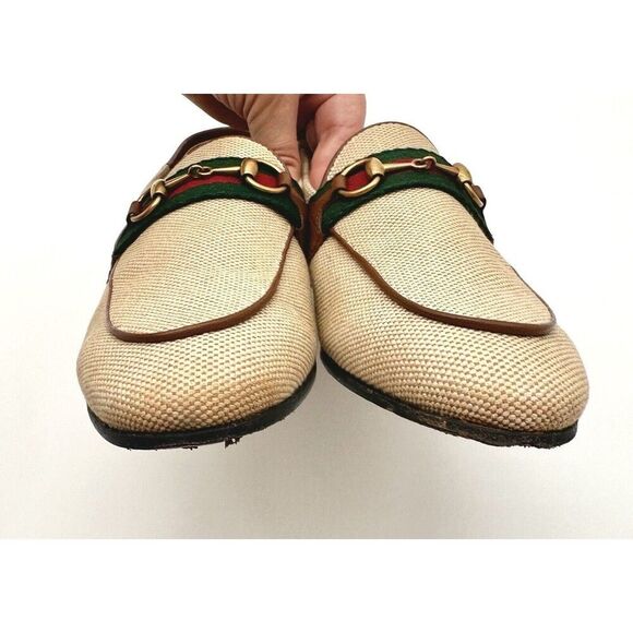 Gucci Brixton Beige Canvas Horsebit Buckle Loafers Web Stripe Flats EU 37 US 7 - Picture 12 of 12